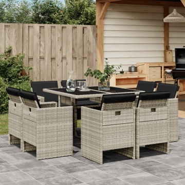 Set mobilier grădină cu perne, 9 piese, gri deschis, poliratan - Img 1