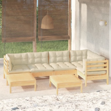 Set mobilier grădină cu perne crem, 7 piese, lemn masiv pin - Img 1
