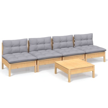 Set mobilier grădină cu perne gri, 5 piese, lemn masiv de pin - Img 2