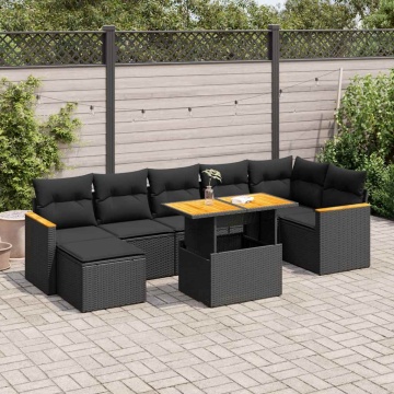 Set mobilier grădină perne 8 piese negru, poliratan/lemn acacia - Img 1
