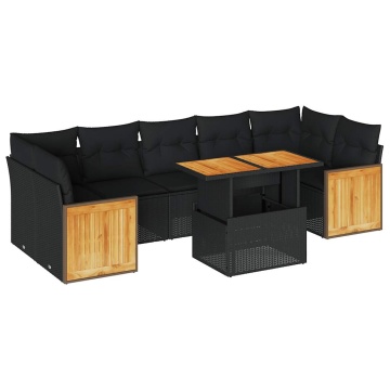Set mobilier grădină perne 8 piese negru, poliratan/lemn acacia - Img 2