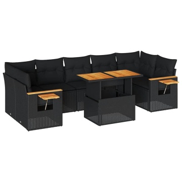 Set mobilier grădină perne 8 piese negru, poliratan/lemn acacia - Img 2