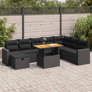Set mobilier grădină perne 9 piese negru poliratan/lemn acacia - Img 1