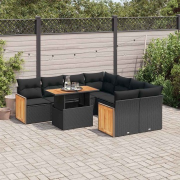 Set mobilier grădină perne 9 piese negru poliratan/lemn acacia - Img 1