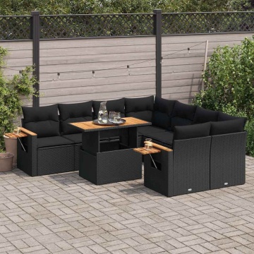 Set mobilier grădină perne 9 piese negru poliratan/lemn acacia - Img 1