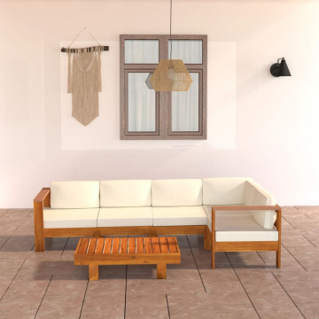 Set mobilier grădină perne alb/crem, 6 piese, lemn masiv acacia - Img 1