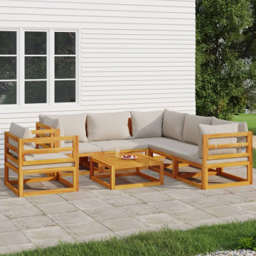 Set mobilier grădină, perne gri deschis, 7 piese, lemn masiv - Img 1