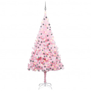 Set pom Crăciun artificial LED-uri&globuri, roz, 240 cm, PVC - Img 1