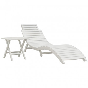 Șezlong de plajă cu masă, alb, lemn masiv de acacia - Img 2