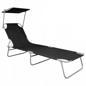 Șezlong pliabil cu copertină, negru, aluminiu - Img 2