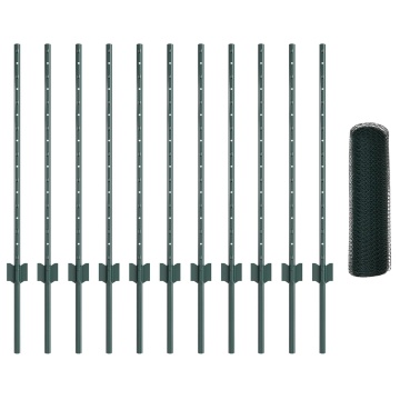 Stâlpi de Gard 11 pcs U-Channel Verde 80 cm Oțel, Gard Hexagon Verde 0,8x25 m Oțel - Img 2