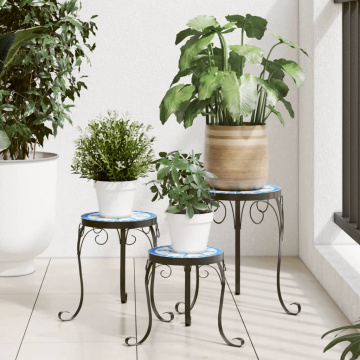 Suporturi pentru plante, 3 buc., albastru și alb, ceramică - Img 1