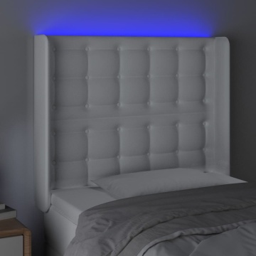 Tăblie de pat cu LED, alb, 103x16x118/128 cm, piele ecologică - Img 4