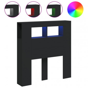 Tăblie de pat cu LED, negru, 100x18,5x103,5 cm, lemn - Img 2