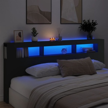 Tăblie de pat cu LED, negru, 220x18,5x103,5 cm, lemn - Img 1