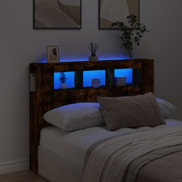 Tăblie de pat cu LED, stejar fumuriu, 140x18,5x103,5 cm, lemn - Img 1