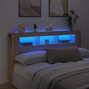 Tăblie de pat cu LED, stejar sonoma, 180x18,5x103,5 cm, lemn - Img 1