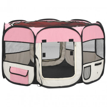 Țarc joacă pliabil câini cu sac de transport roz 110x110x58 cm - Img 2