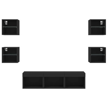 Unități de perete TV cu LED-uri, 7 piese, negru, lemn prelucrat - Img 5