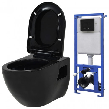 Vas toaletă suspendat cu rezervor încastrat, negru, ceramică - Img 1