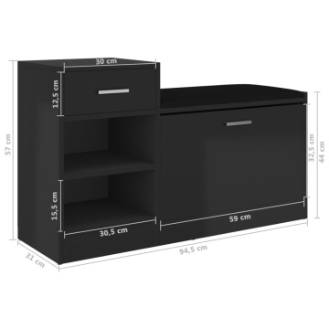 Bancă pantofar negru extralucios, 94,5x31x57 cm, lemn prelucrat - Img 6