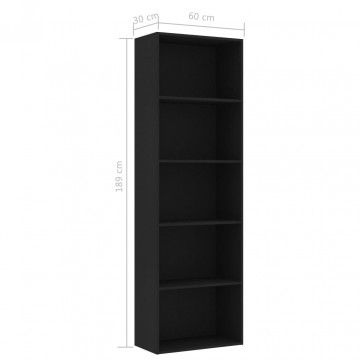 Bibliotecă cu 5 rafturi, negru, 60x30x189 cm, PAL - Img 5