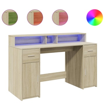 Birou cu lumini LED stejar sonoma, 140x55x91 cm, lemn prelucrat - Img 2