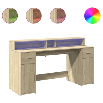 Birou cu lumini LED stejar sonoma, 160x55x91 cm, lemn prelucrat - Img 2