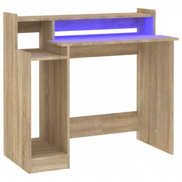 Birou cu lumini LED, stejar sonoma, 97x90x45 cm, lemn compozit - Img 2