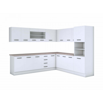 Bucatarie de colt Alfa, Corp inalt cuptor, Cu vitrina, Alb, Blat termic travertin - Img 3