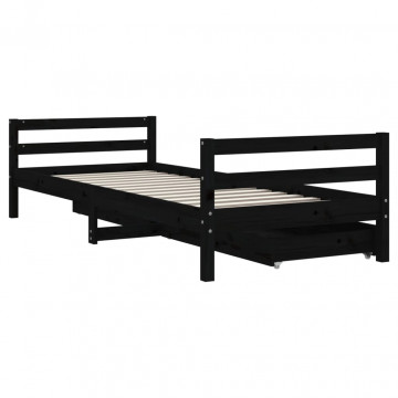 Cadru de pat copii cu sertare, negru, 90x200 cm, lemn masiv pin - Img 5