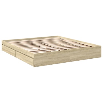 Cadru de pat cu sertare stejar sonoma 200x200 cm lemn prelucrat - Img 2