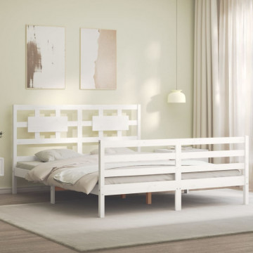Cadru de pat cu tăblie, alb, 160x200 cm, lemn masiv - Img 3