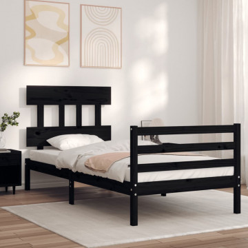 Cadru de pat cu tăblie, negru, 90x200 cm, lemn masiv - Img 1