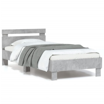 Cadru de pat cu tăblie și lumini LED, gri beton, 90x200 cm - Img 1