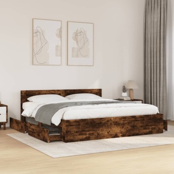 Cadru de pat cu tăblie stejar fumuriu 180x200 cm lemn prelucrat - Img 1