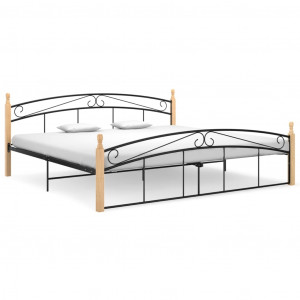 Cadru de pat, negru, 200x200 cm, metal și lemn masiv de stejar - Img 1