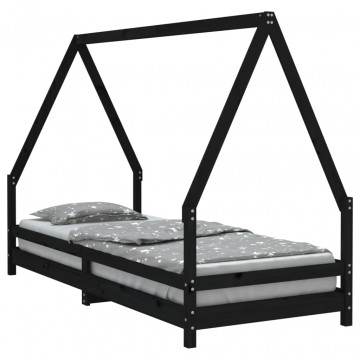 Cadru de pat pentru copii, negru, 80x200 cm, lemn masiv de pin - Img 2
