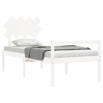 Cadru de pat senior cu tăblie, 90x200 cm, alb, lemn masiv - Img 4