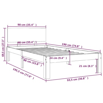 Cadru de pat single, alb, 90x190 cm, lemn masiv - Img 7