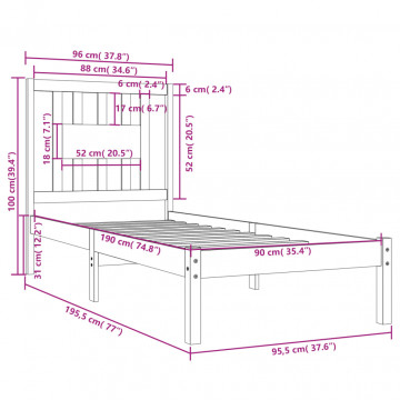 Cadru de pat single, alb, 90x190 cm, lemn masiv - Img 5