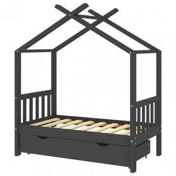 Cadru pat copii cu sertar gri închis 70x140 cm lemn masiv pin - Img 2