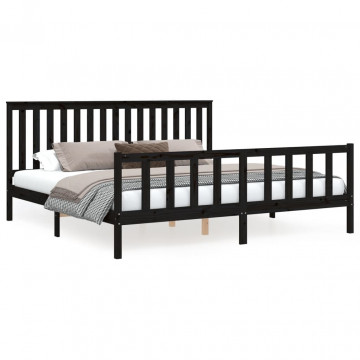 Cadru pat cu tăblie 200x200 cm, negru, lemn masiv de pin - Img 2