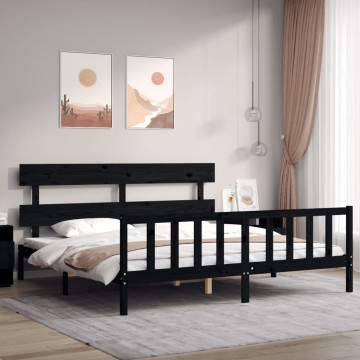 Cadru pat cu tăblie 200x200 cm, negru, lemn masiv - Img 1