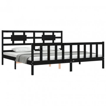 Cadru pat cu tăblie 200x200 cm, negru, lemn masiv - Img 3