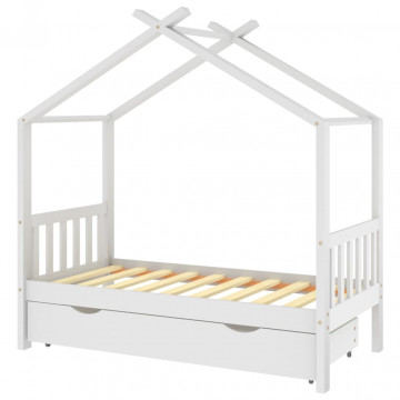 Cadru pat de copii cu un sertar, alb, 80x160 cm, lemn masiv pin - Img 2