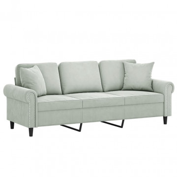 Canapea cu 3 locuri cu pernuțe, gri deschis, 180 cm, catifea - Img 3