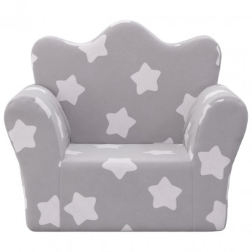 Canapea pentru copii, gri deschis cu stele, pluș moale - Img 3
