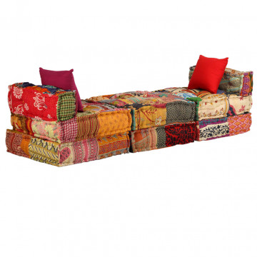 Canapea puf modulară cu 3 locuri, petice, material textil - Img 3