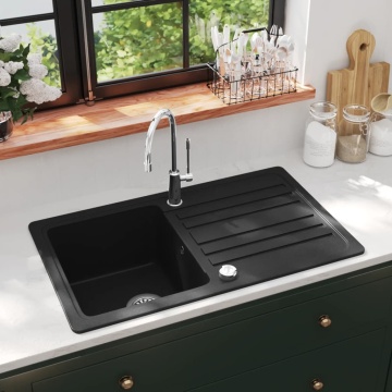 Chiuvetă bucătărie granit, bazin unic cu scurgere reversibilă, negru - Img 1